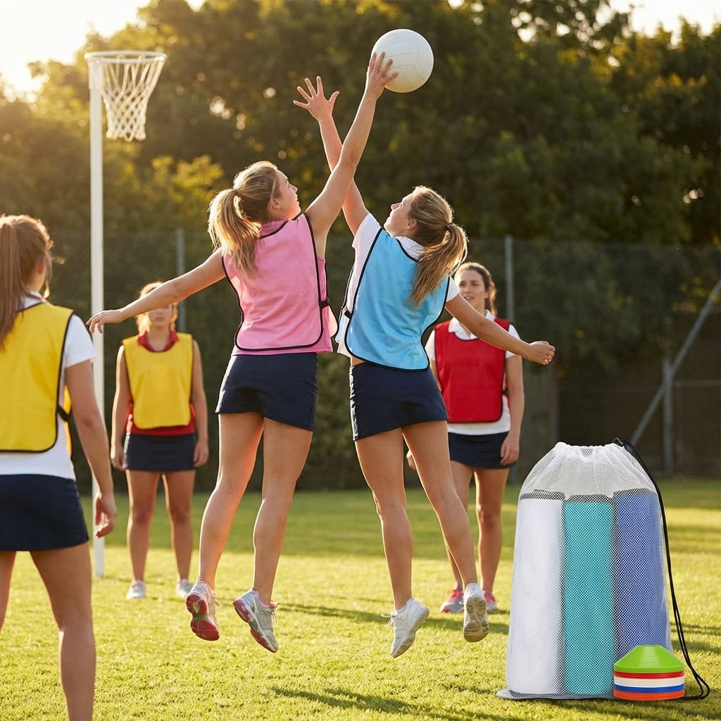 Vibrant netball bibs made of polyester mesh for schools and clubs