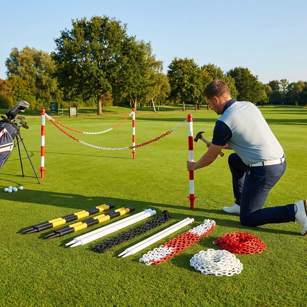 Plastic post and chain set for soft grounds, available in 5 colours