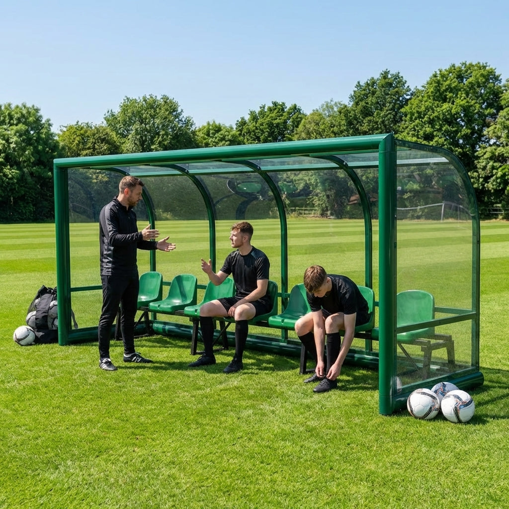 Fixed team shelter with aluminium frame and polycarbonate panels for sports