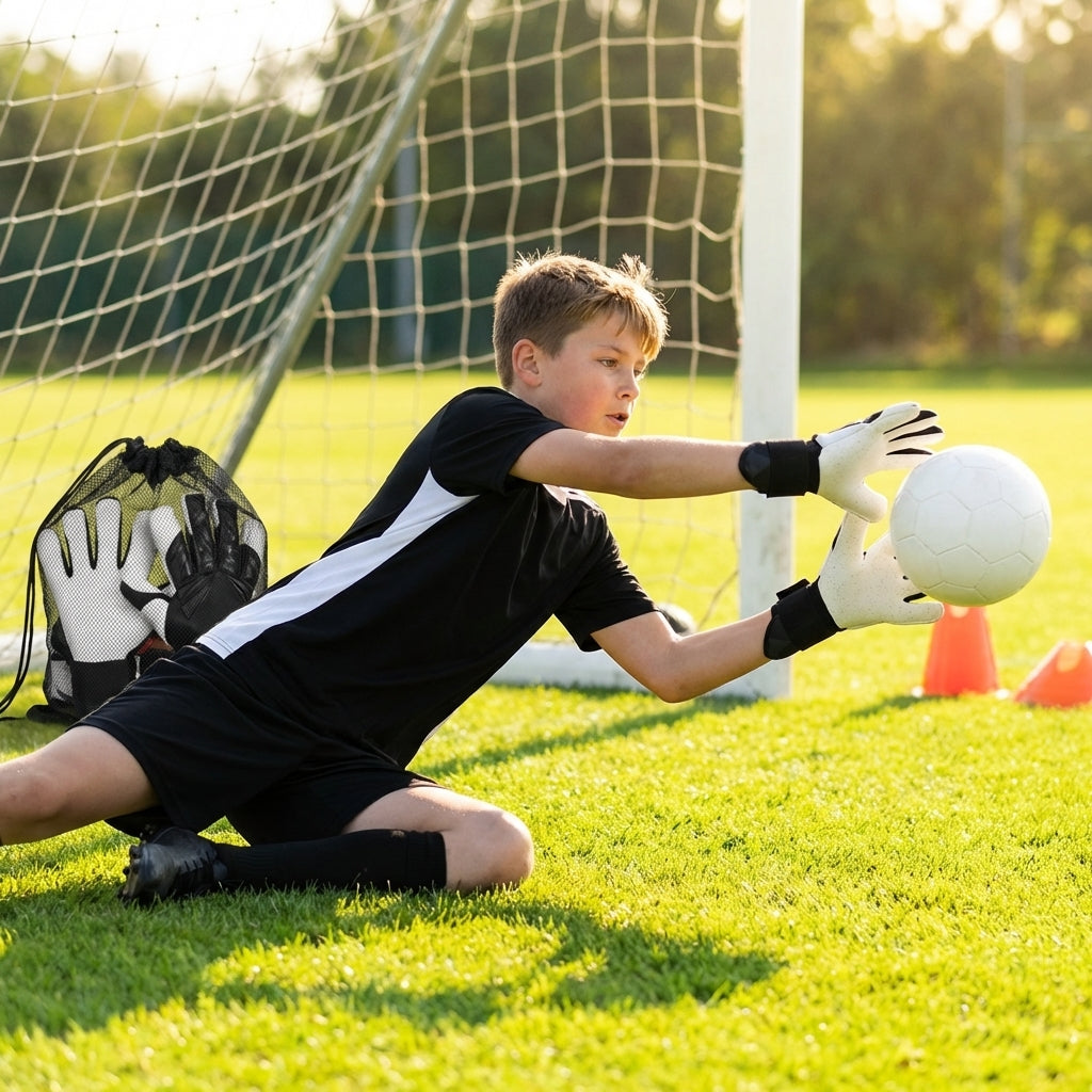 Hybrid goalkeeper gloves in white and black with neoprene backhand