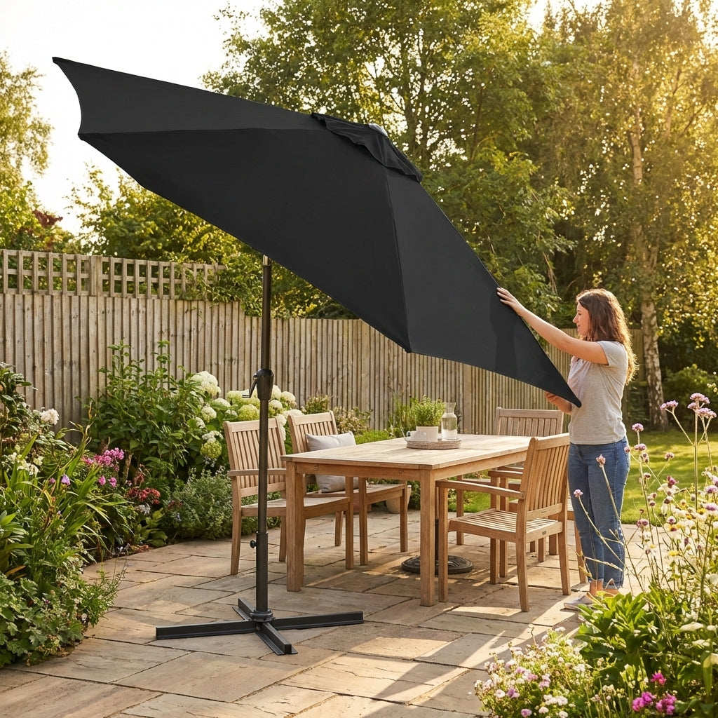 Double-sided garden parasol providing outdoor shade with steel frame