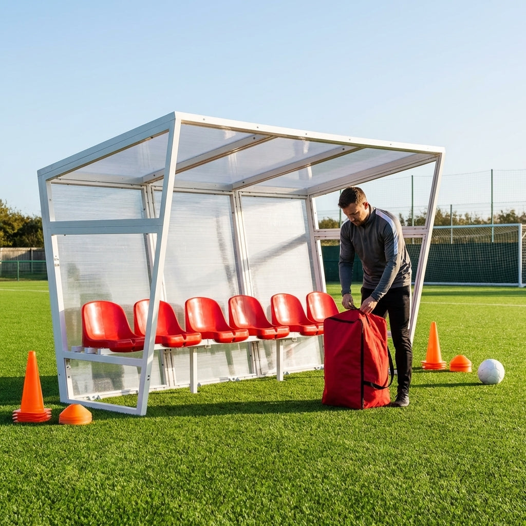 Heavy duty aluminium team shelter with moulded seats