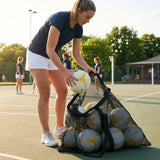 Netball carry bag with 12 netballs, mesh design for easy transport