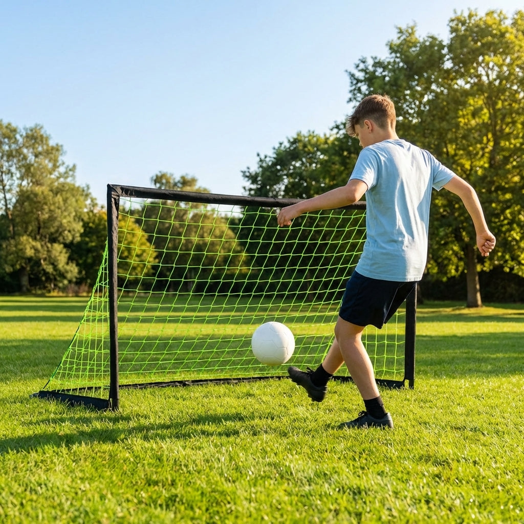 Folding football goal with aluminium frame and high-impact net