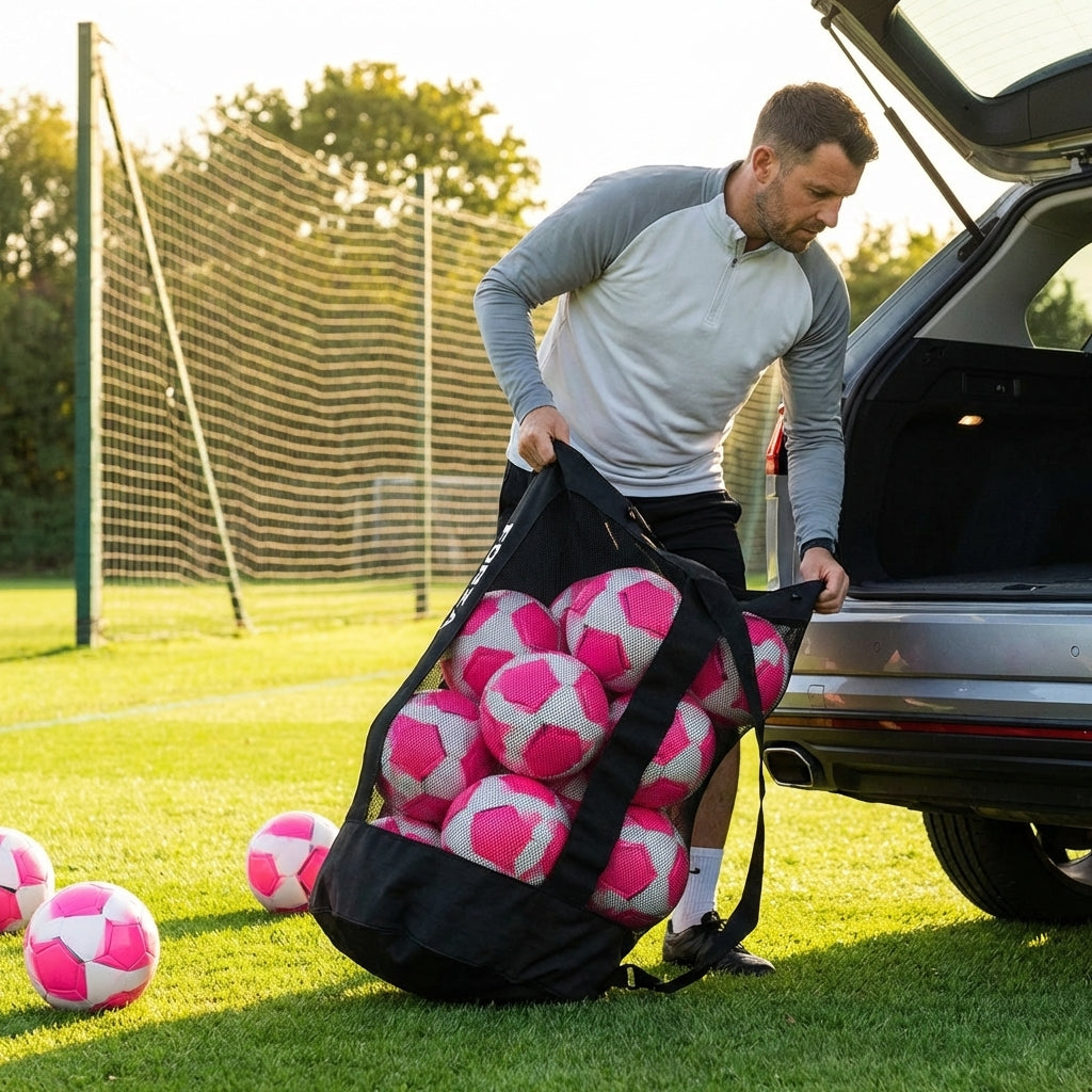 Football carry bag with 12 footballs, durable mesh