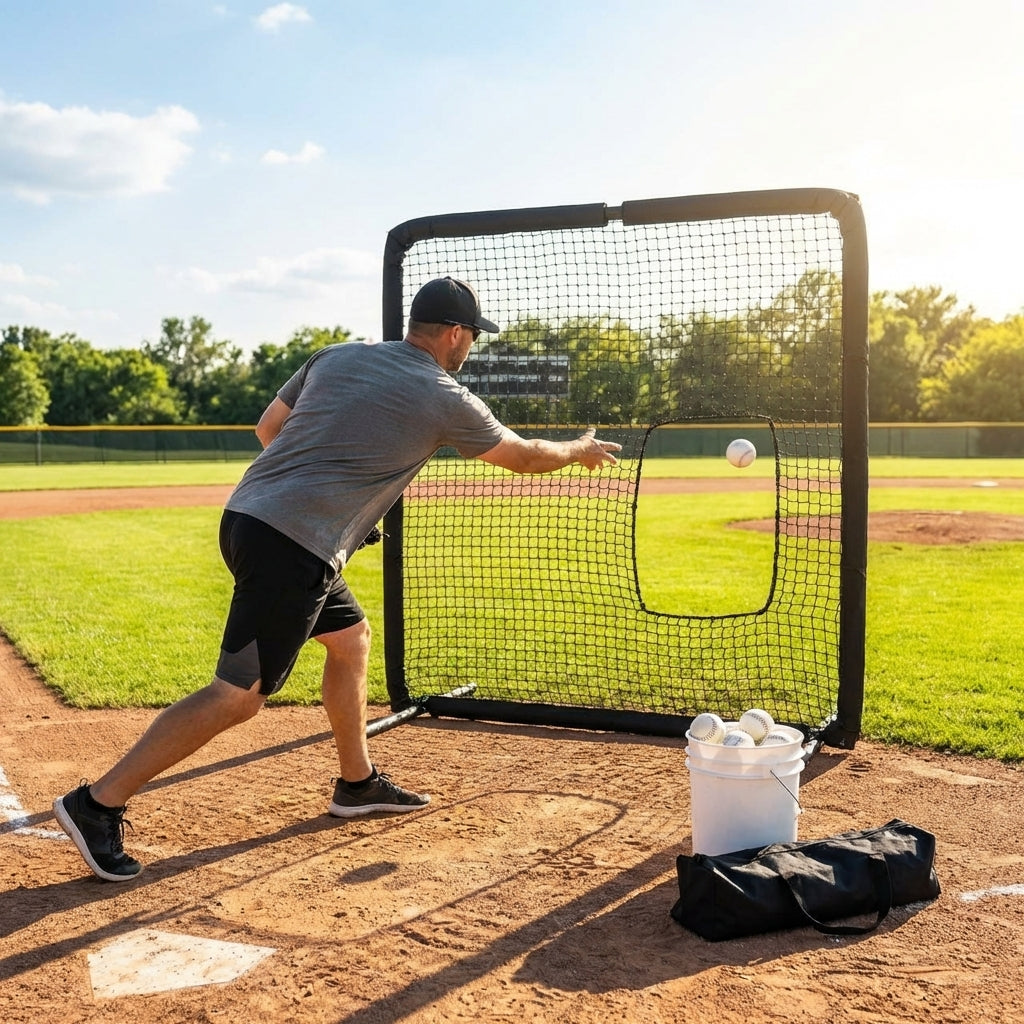 Softball pitching screen with steel frame and foam padding
