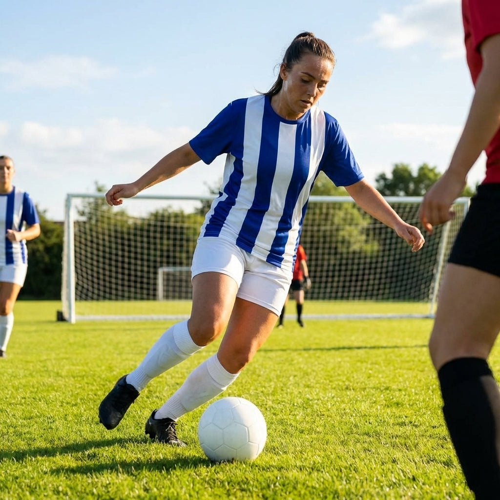 Women's striped football shirts in various colours and sizes