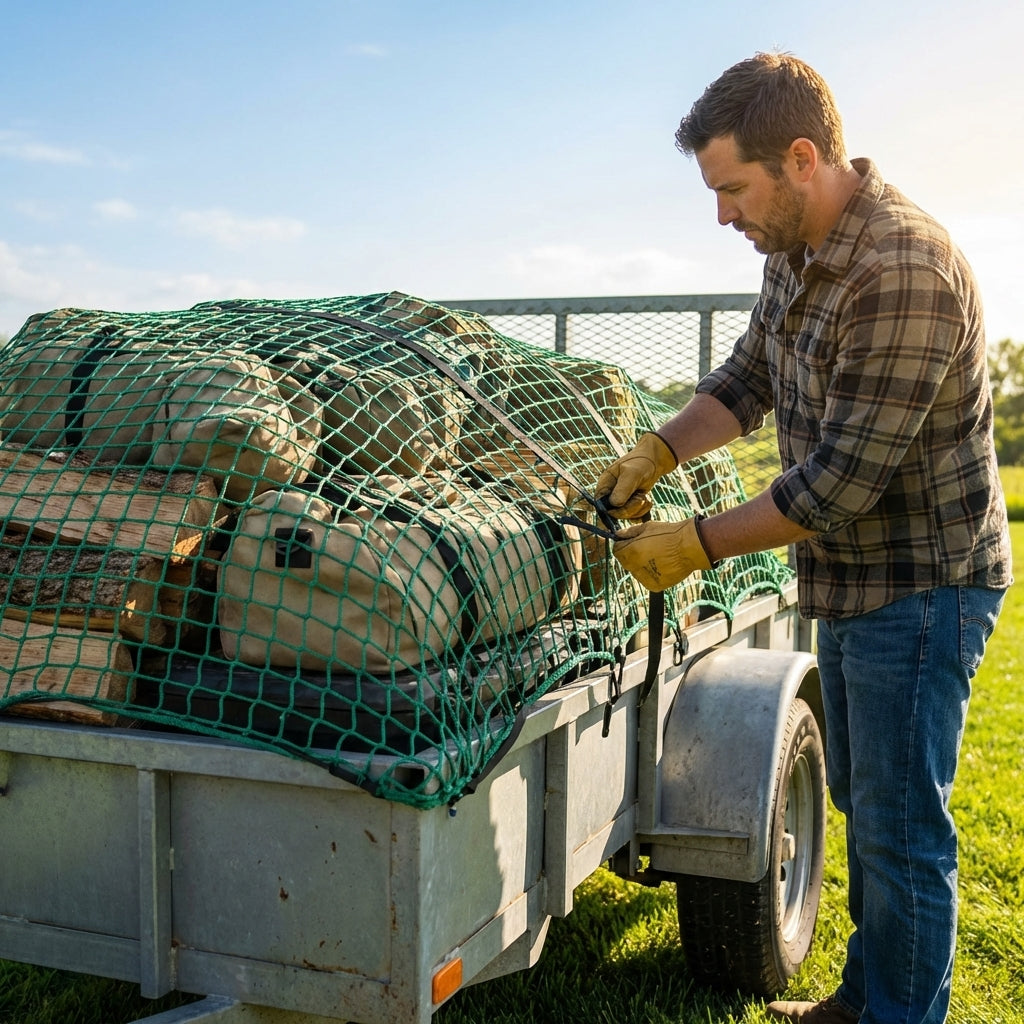 Ultra heavy duty trailer nets for secure cargo transport