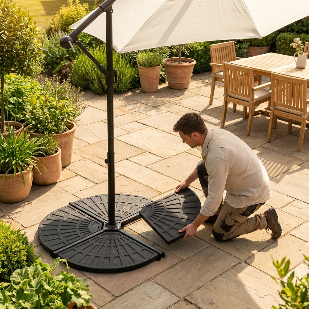 Durable parasol base weights for garden use, available in various sizes and materials