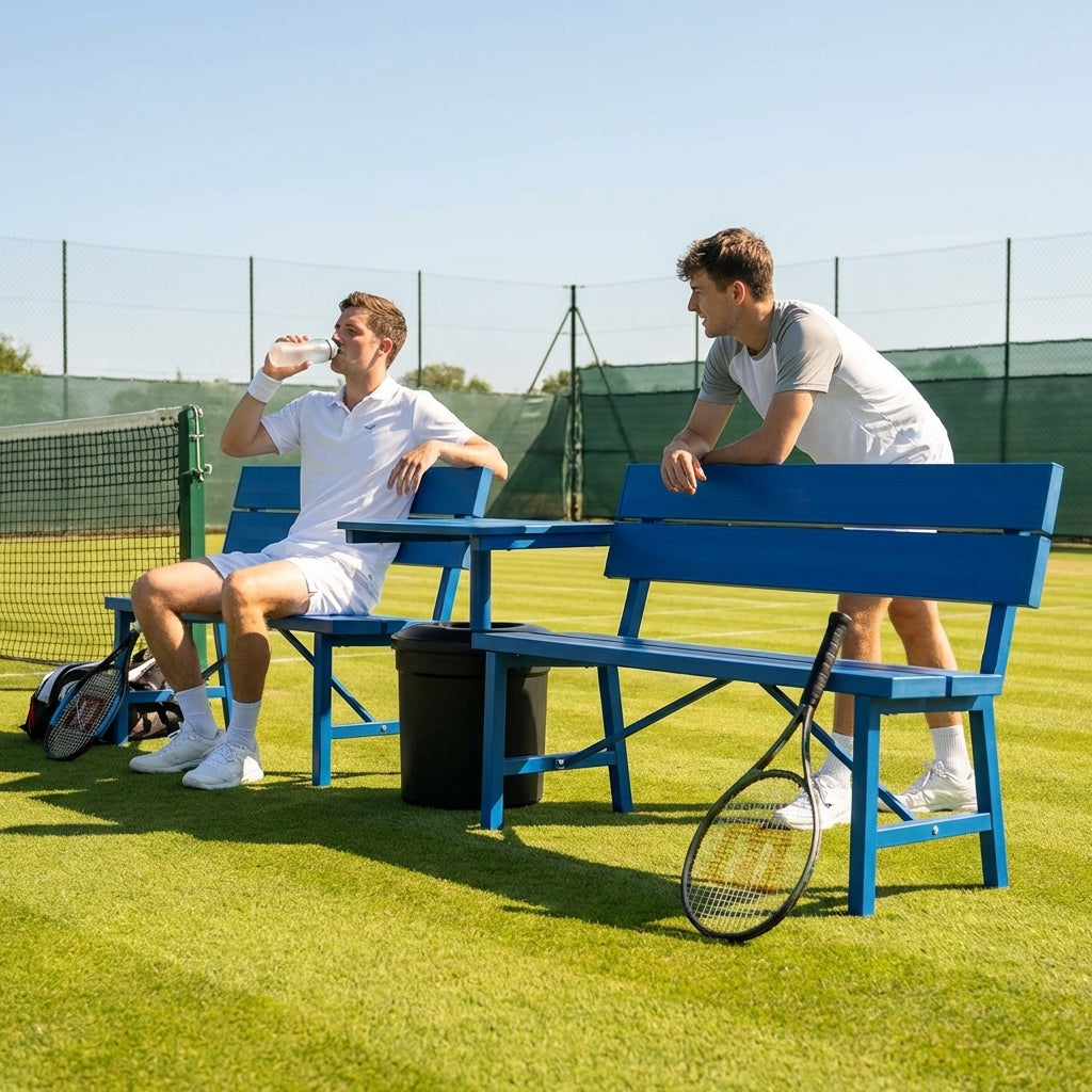 Aluminium tennis court bench in green for tournament use