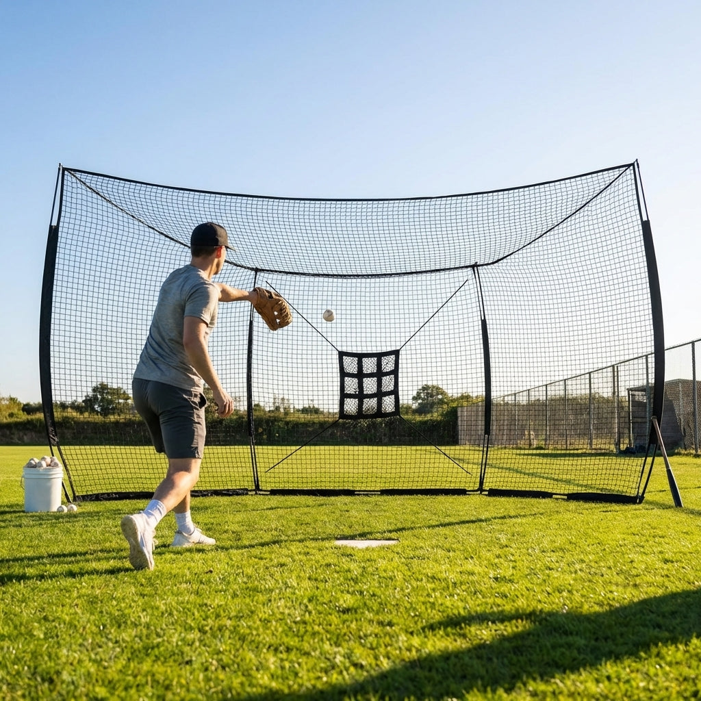 Baseball backstop net in use during outdoor practice