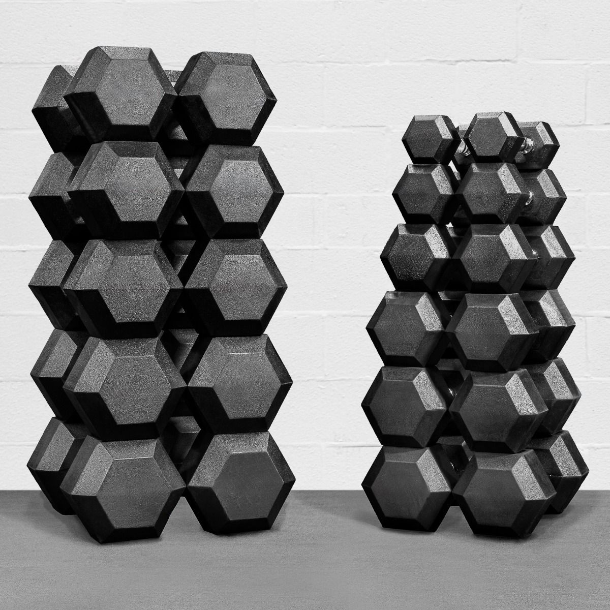 Hex dumbbells with rubber ends and chrome handles