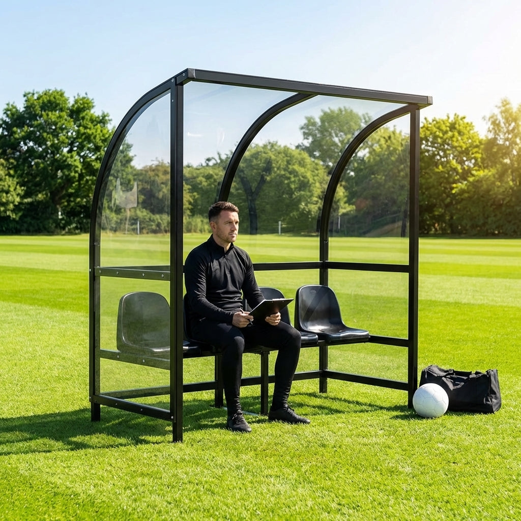 Heavy duty aluminium team shelter with moulded seats