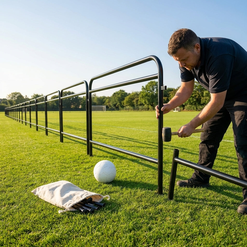 Football pitch barrier made of galvanised steel for club grounds