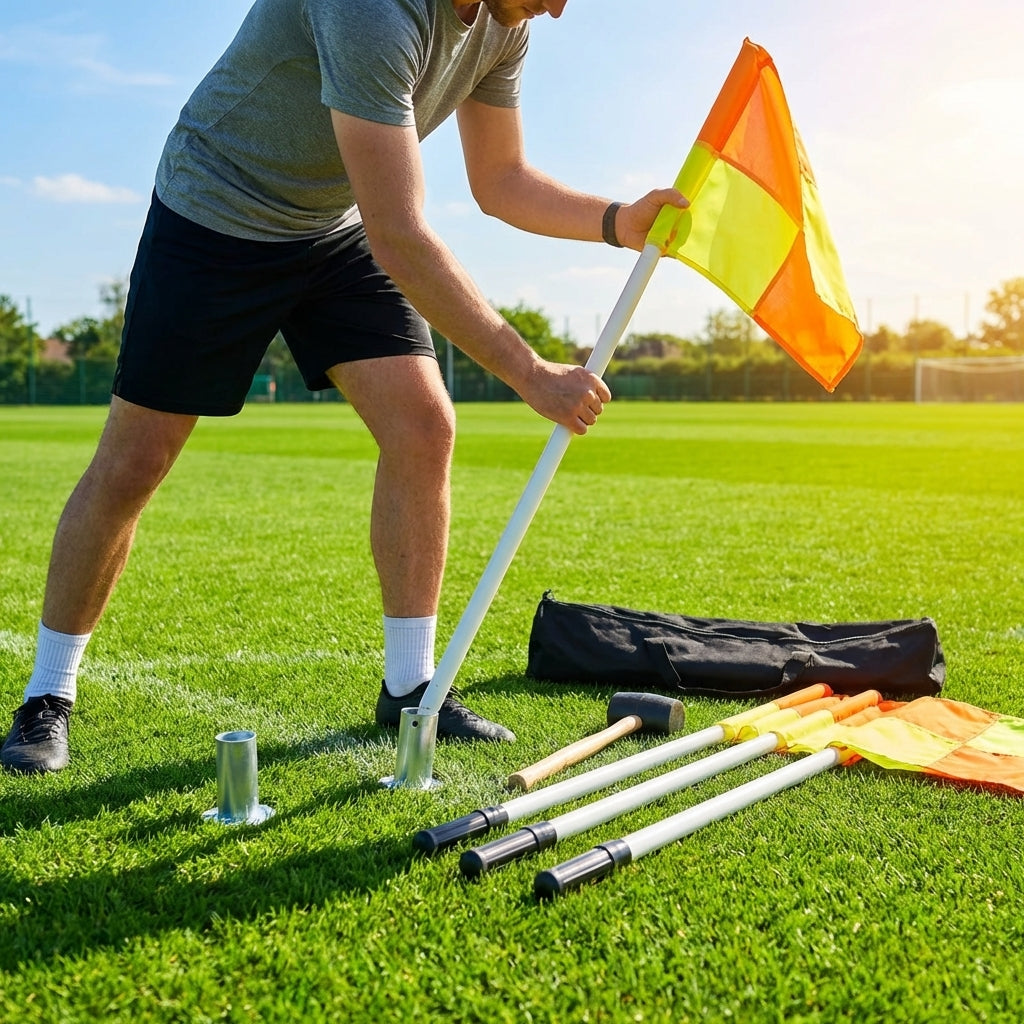 Football corner poles with fluro yellow/orange flags