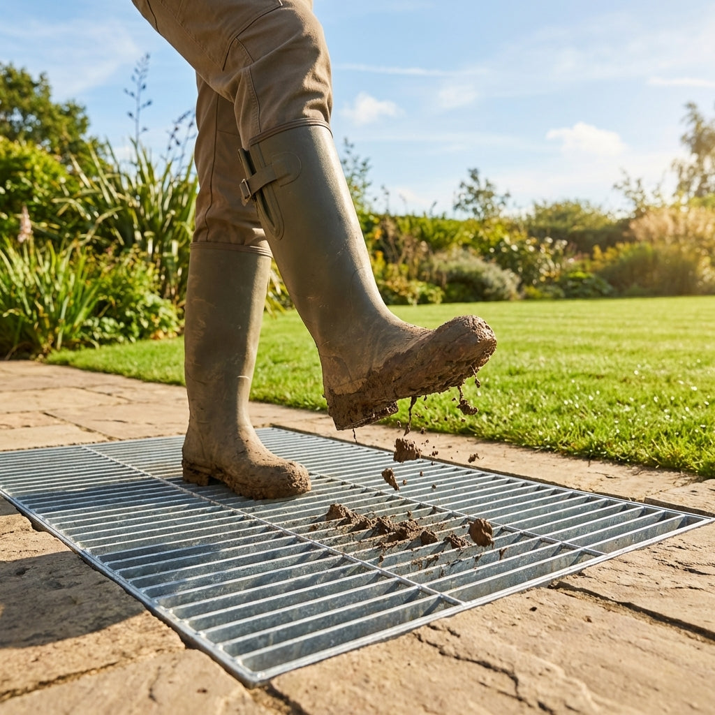 Galvanised steel foot grate for sports pitches and courts