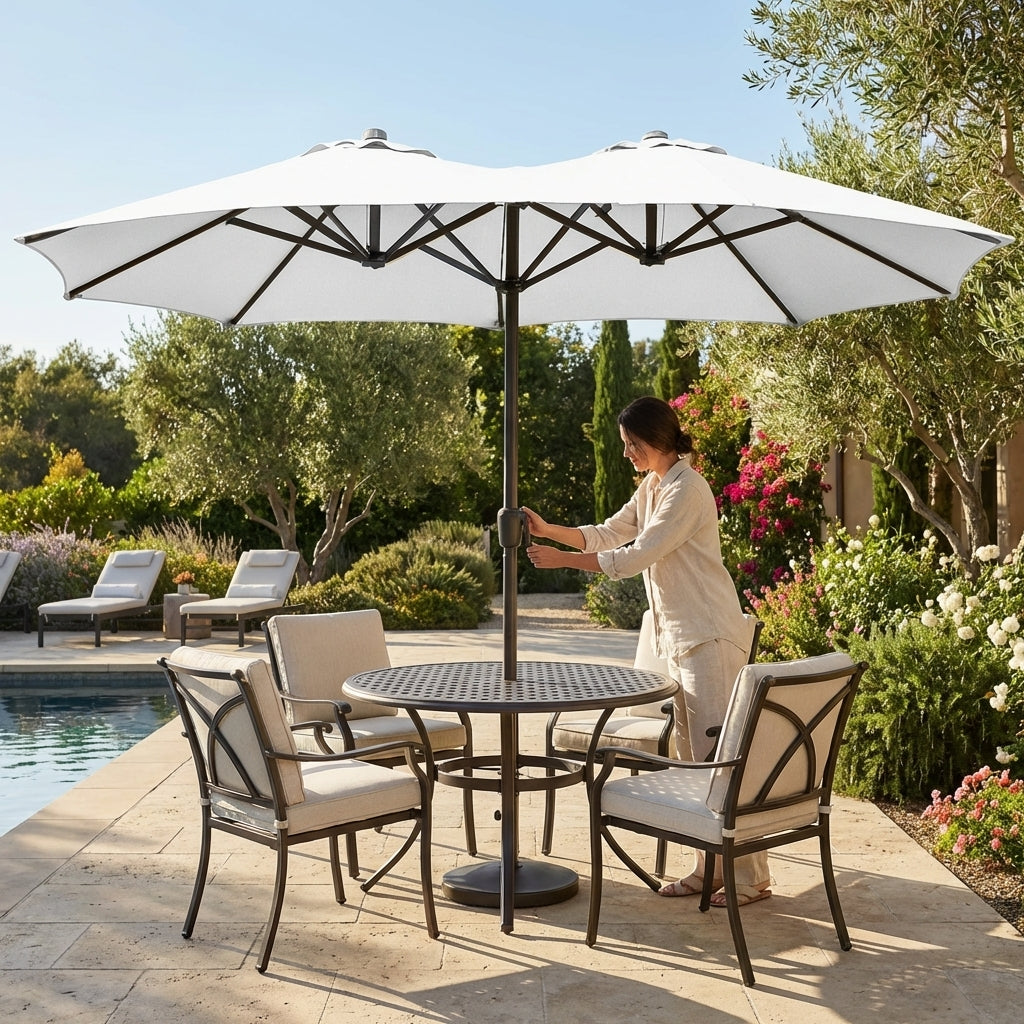 Double-sided garden parasol providing outdoor shade with steel frame