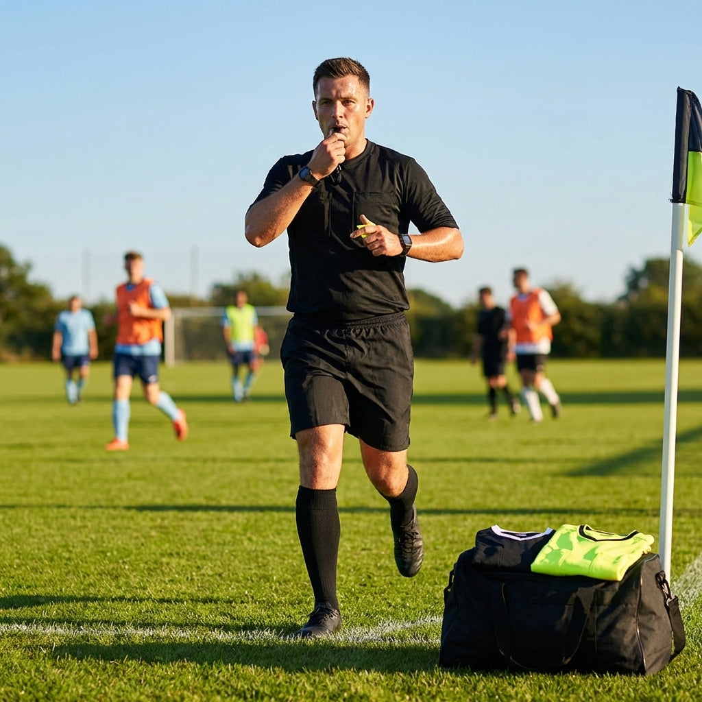 Football referee kit with fluro yellow or black shirt, shorts, and socks