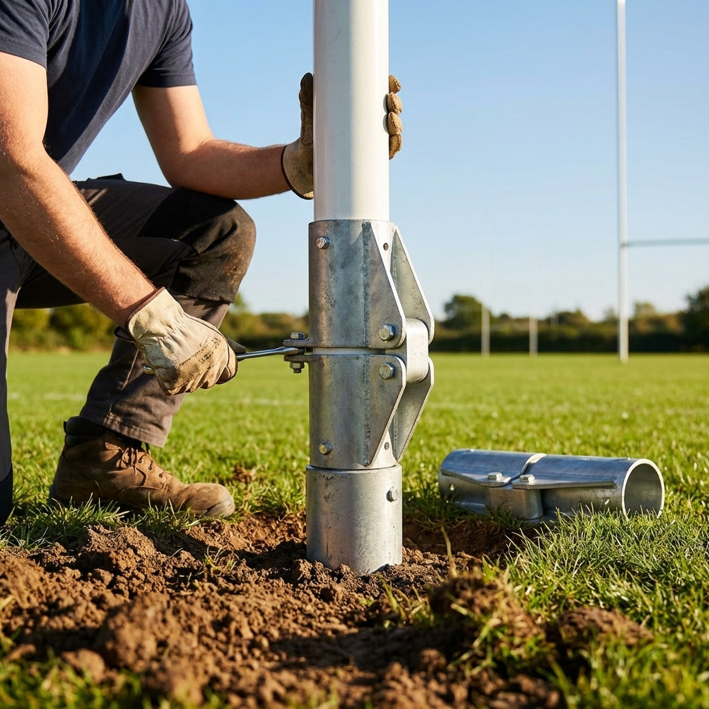Hinged adapters for rugby posts in galvanised steel