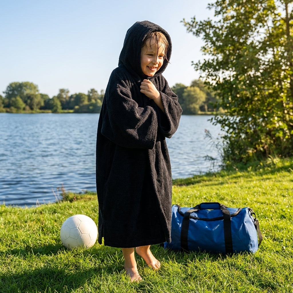 Cotton Towel Poncho in Red, Aqua Blue, and Black for Beach and Pool Use