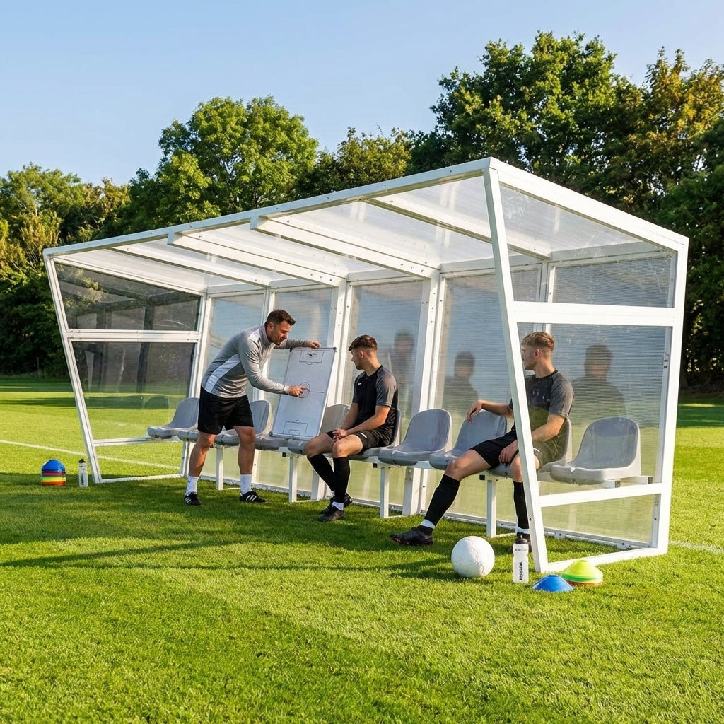 Heavy duty aluminium team shelter with moulded seats