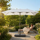Double-sided garden parasol providing outdoor shade with steel frame