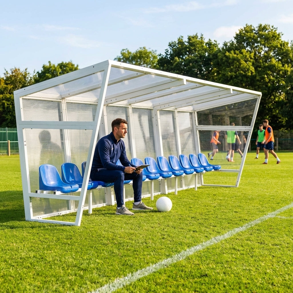 Heavy duty aluminium team shelter with moulded seats