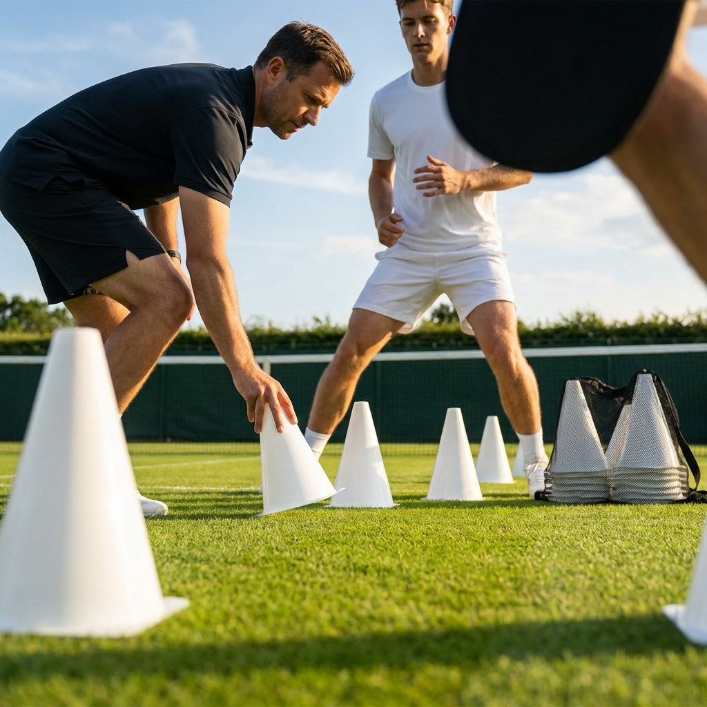 Tennis training marker cones in various sizes and colours