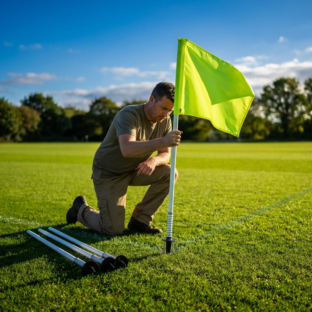 Spring-loaded football corner flags in various colours with weatherproof PVC poles