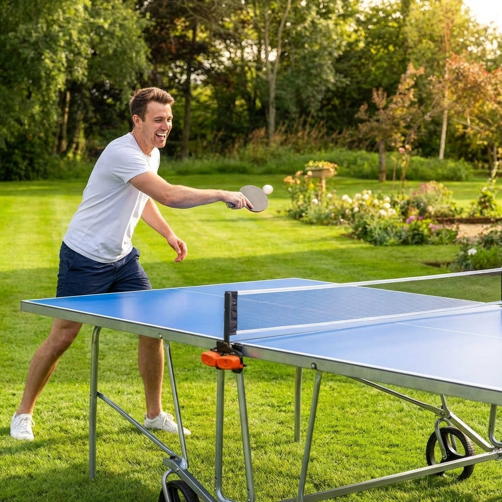 Outdoor table tennis table with steel frame and blue resin top