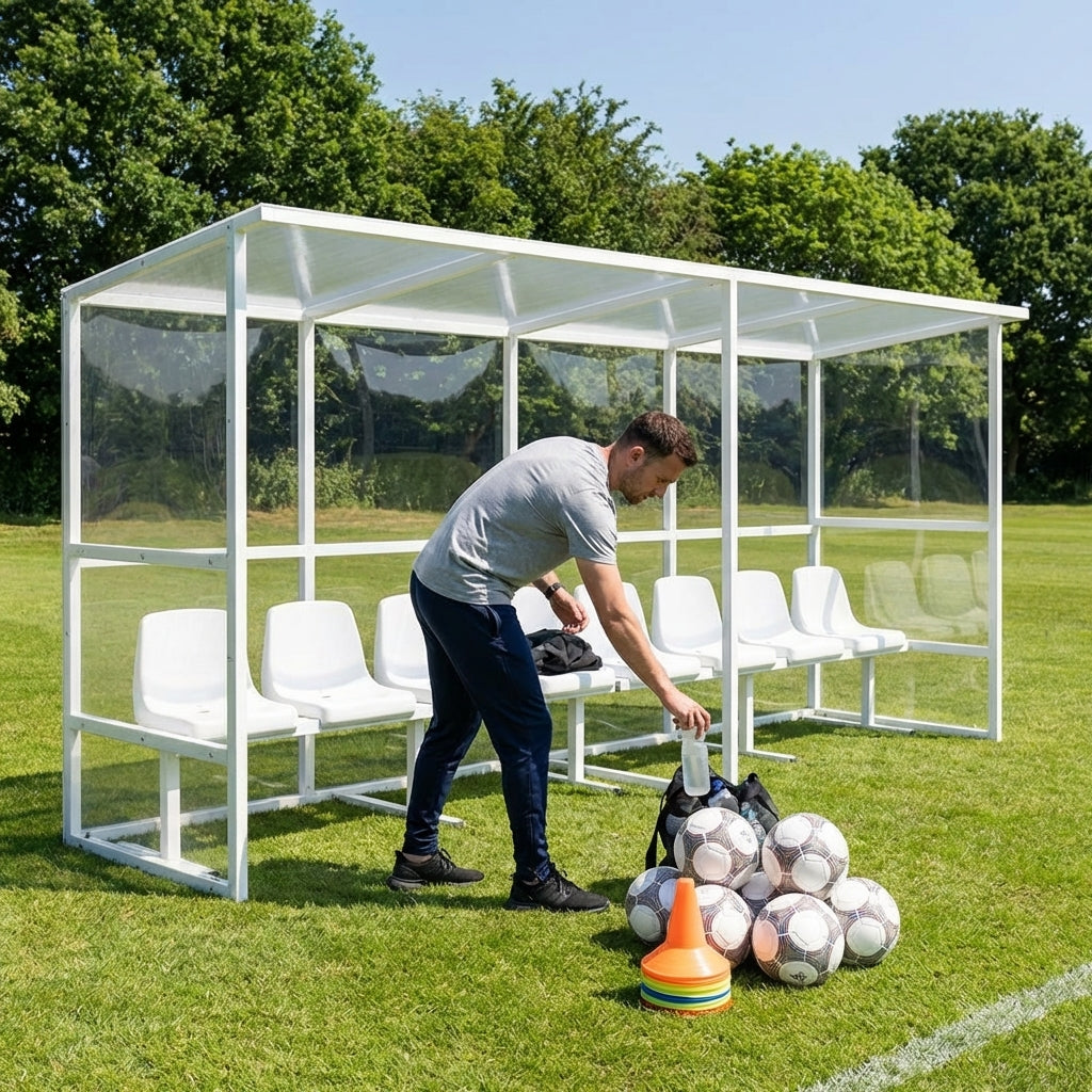 Heavy duty aluminium team shelter with moulded seats