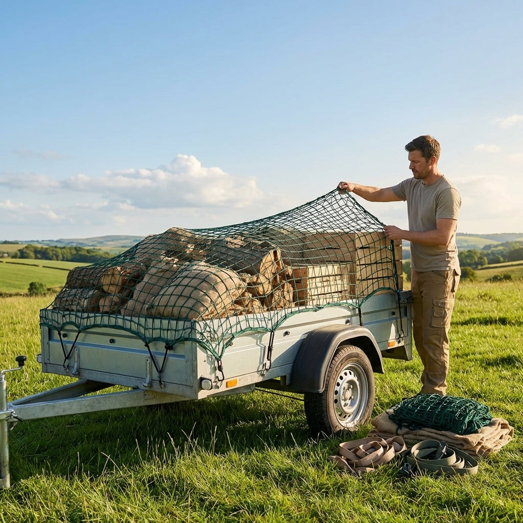 Ultra heavy duty trailer nets for secure cargo transport