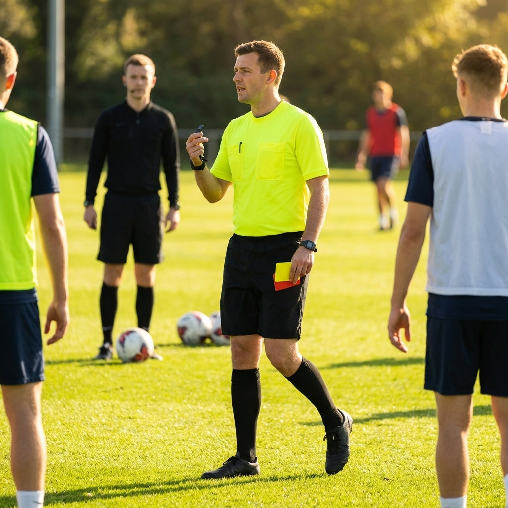 Football referee kit with fluro yellow or black shirt, shorts, and socks