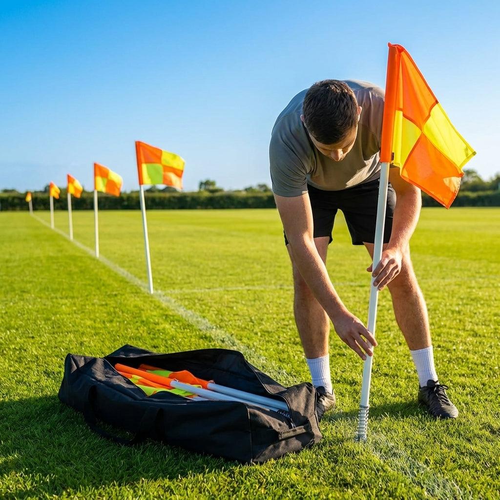 Spring loaded rugby corner flags with PVC poles and nylon flags