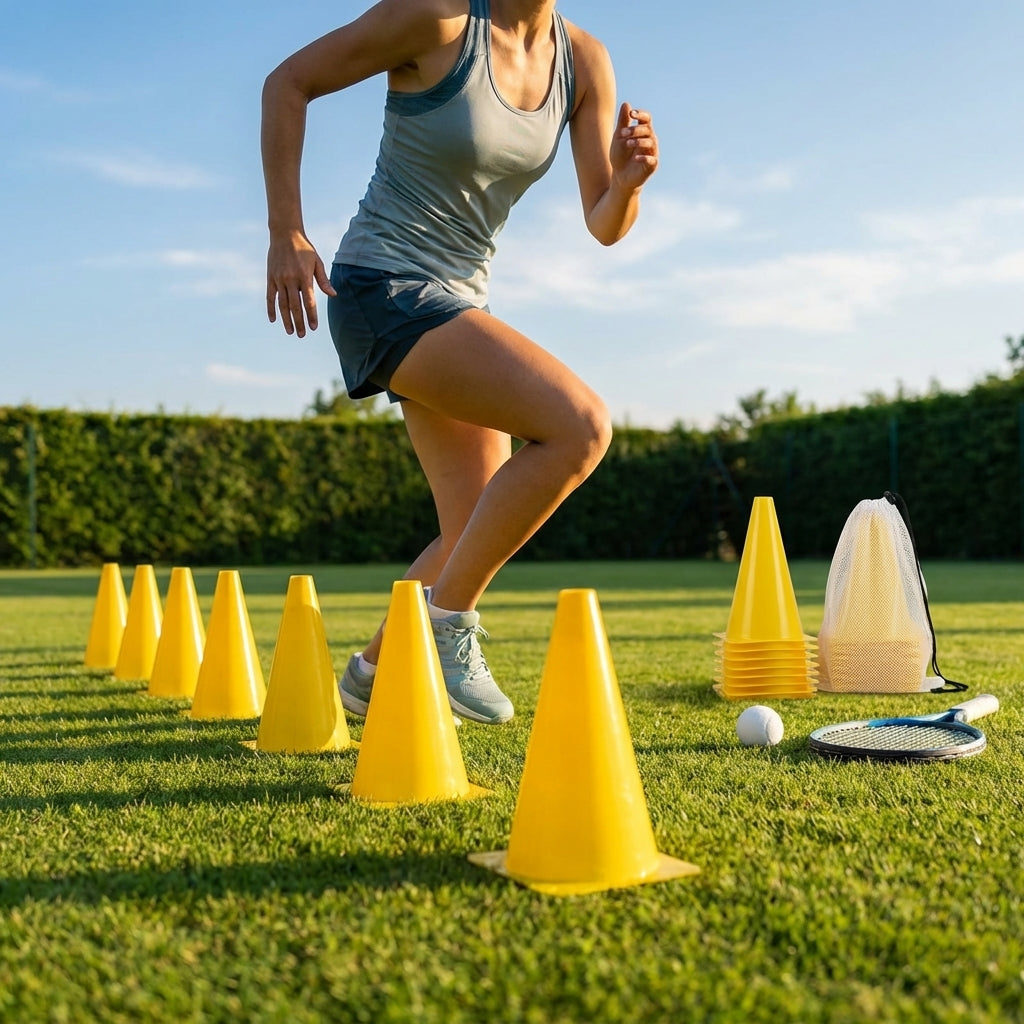 Tennis training marker cones in various sizes and colours