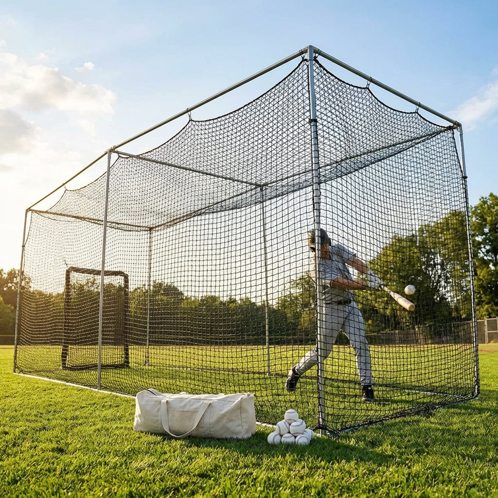 Black baseball batting cage nets made from HDPP twine for indoor and outdoor use