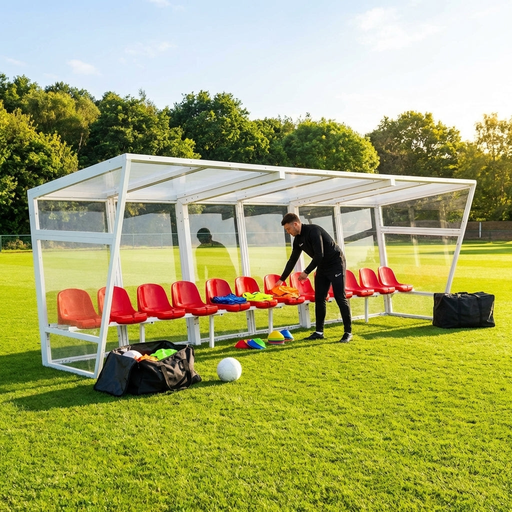 Heavy duty aluminium team shelter with moulded seats