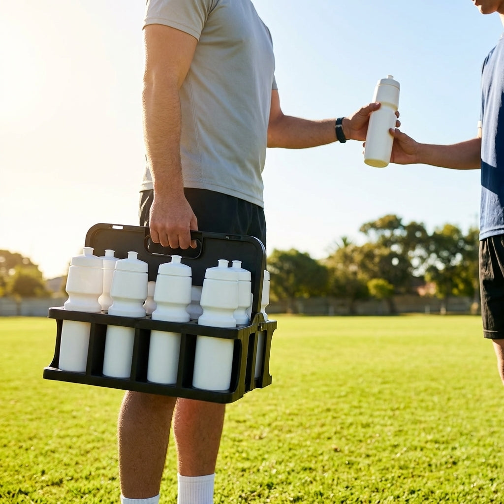 Set of 10 BPA-free 750ml sports water bottles with foldable carrier