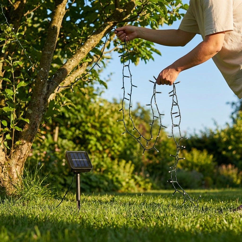 Solar fairy lights illuminating a garden with warm white glow