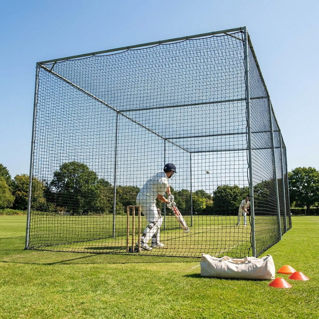 Cricket nets made from HDPE, available in various sizes for indoor and outdoor use