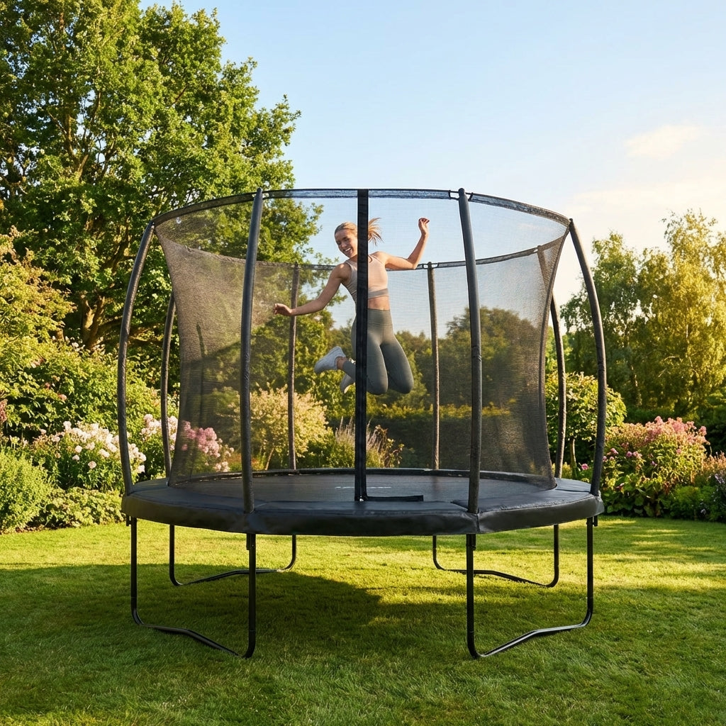 Garden trampoline with enclosure net, ideal for outdoor fun