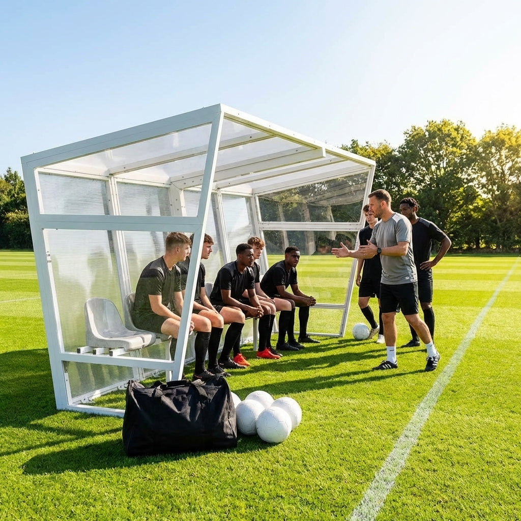 Heavy duty aluminium team shelter with moulded seats
