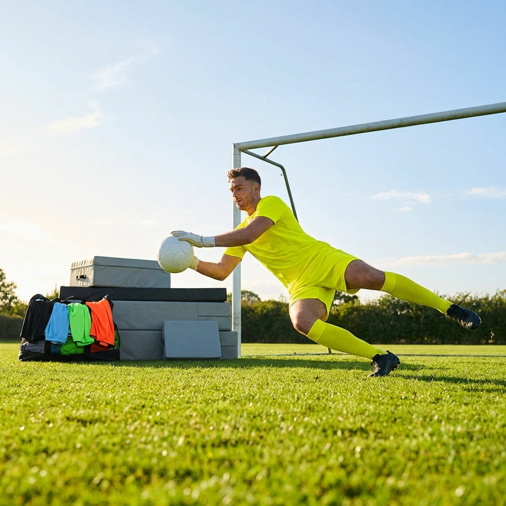 Men's Goalkeeper Kit in vibrant colours, including top, shorts, and socks.