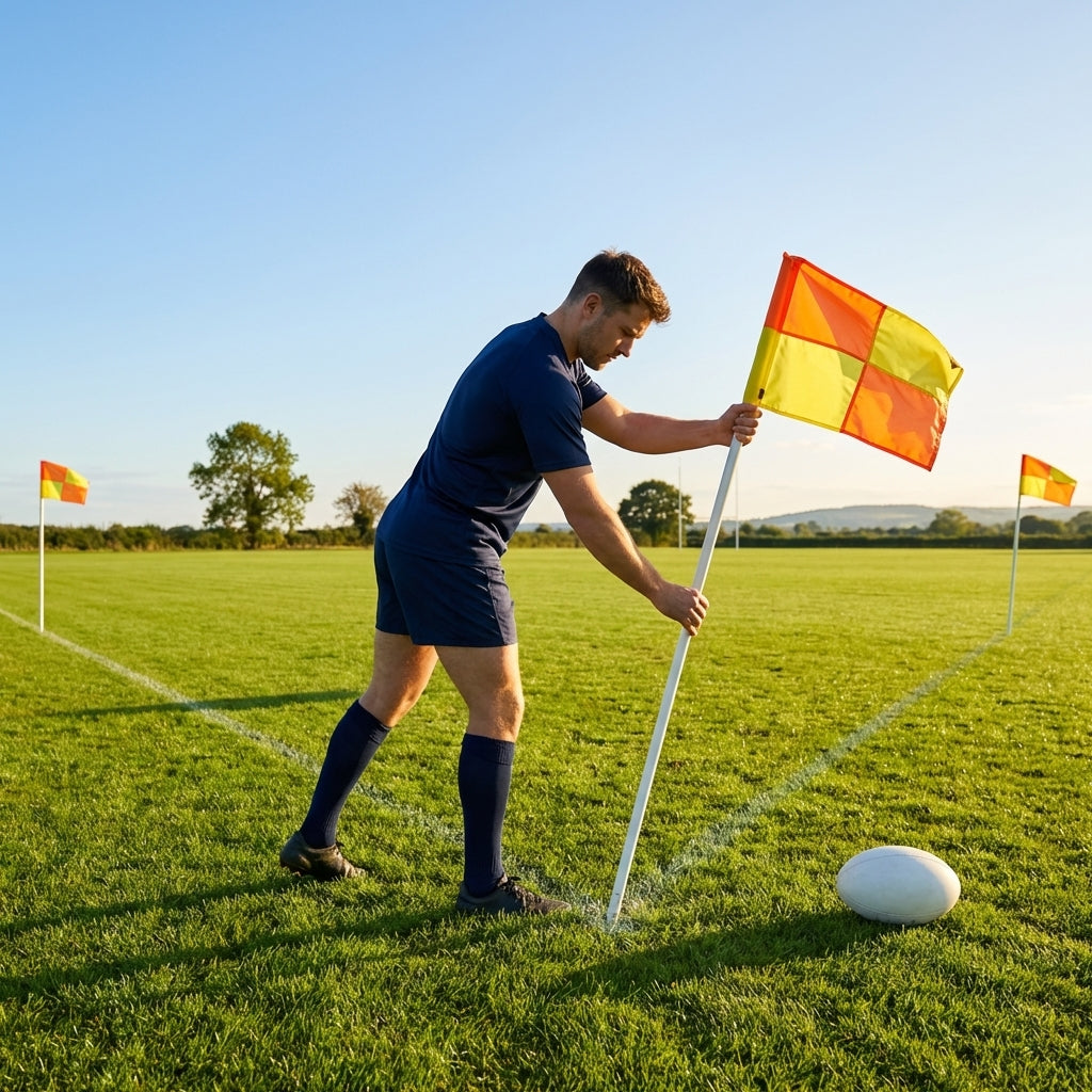 Spring loaded rugby corner flags with PVC poles and nylon flags