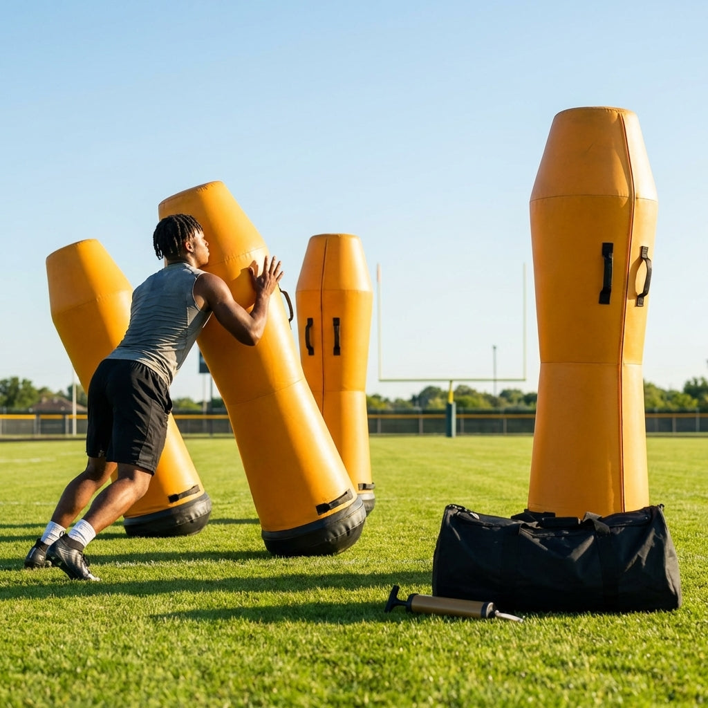 High-visibility American football training dummies in yellow PVC