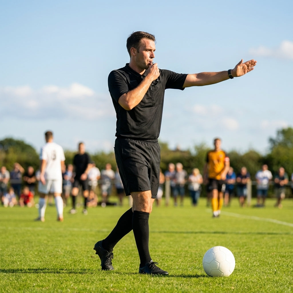 Football referee kit with fluro yellow or black shirt, shorts, and socks