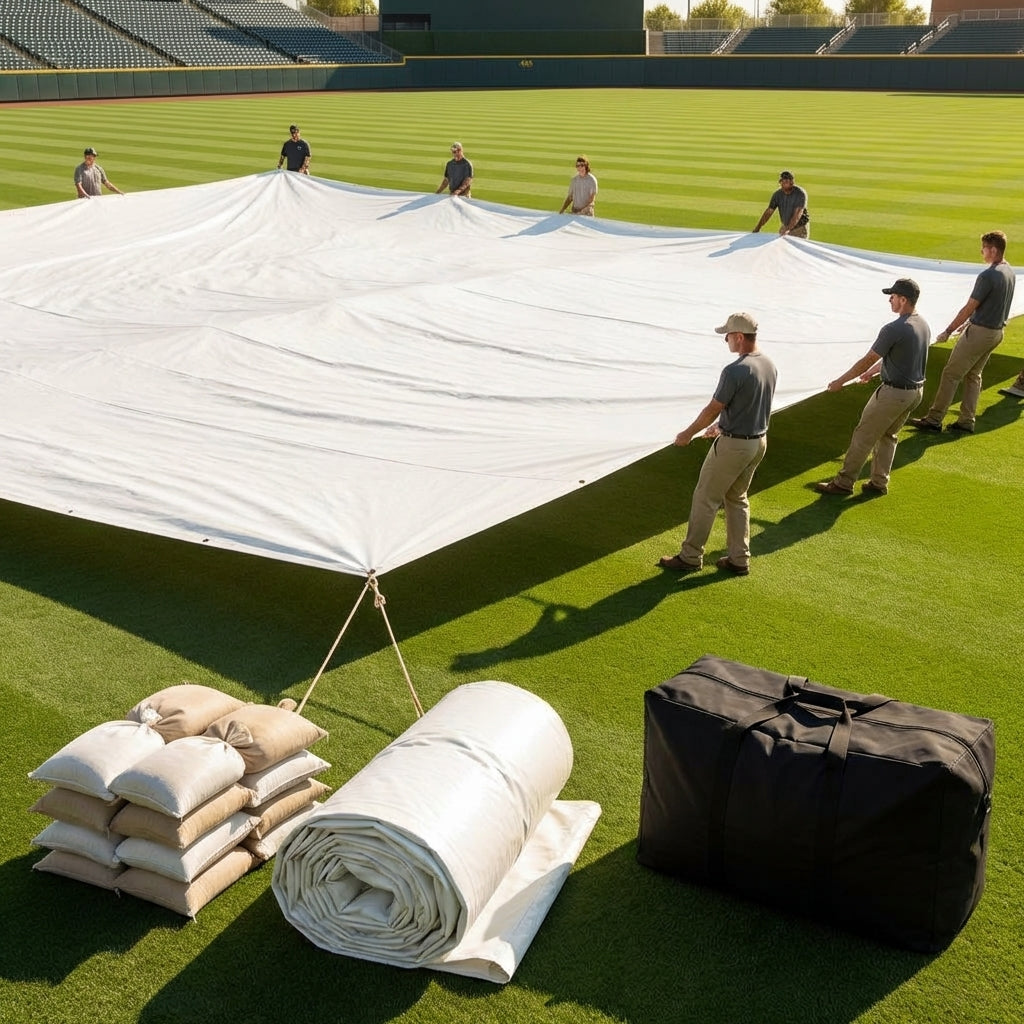 Green heavy-duty baseball field tarp with reinforced edges and handles
