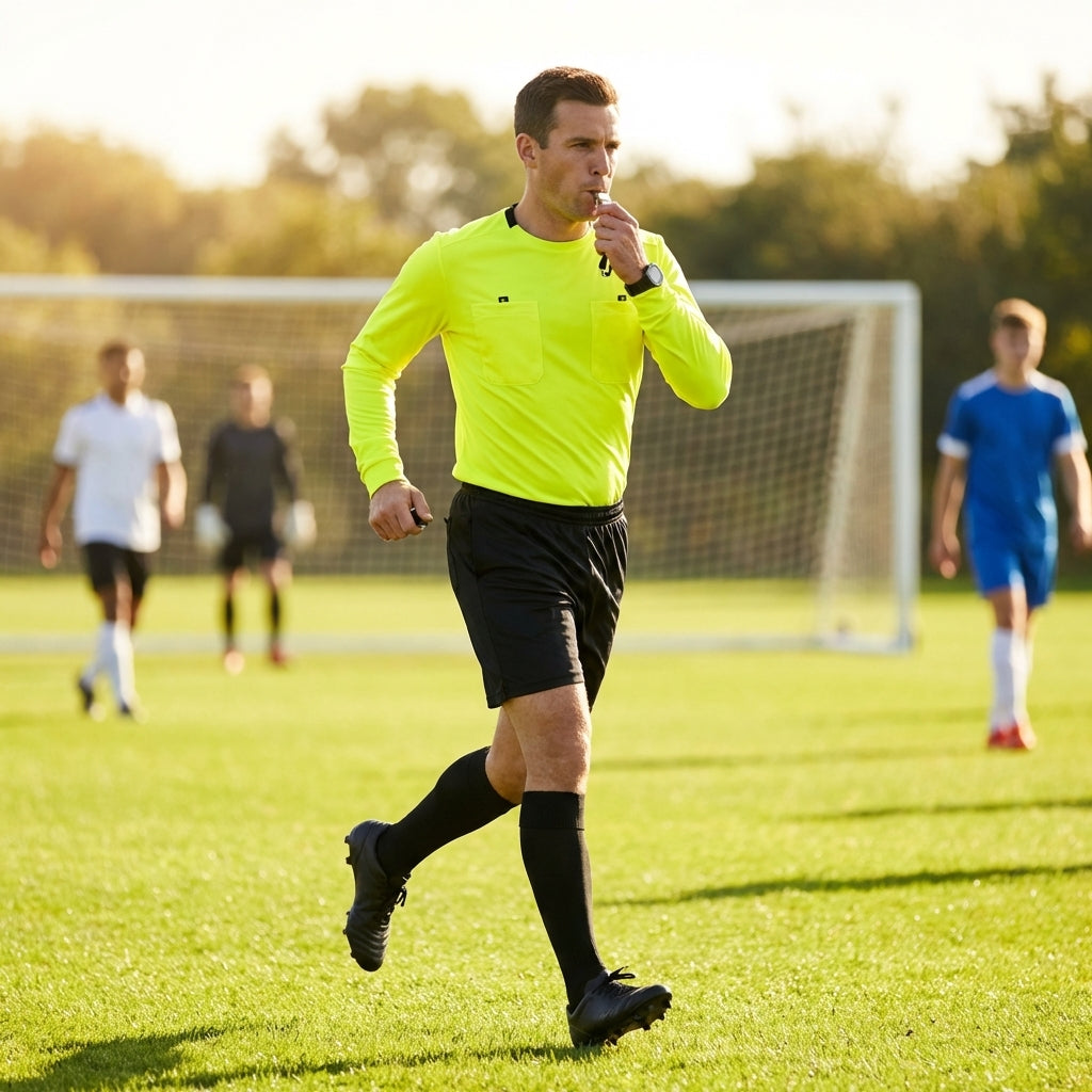Football referee kit with fluro yellow or black shirt, shorts, and socks