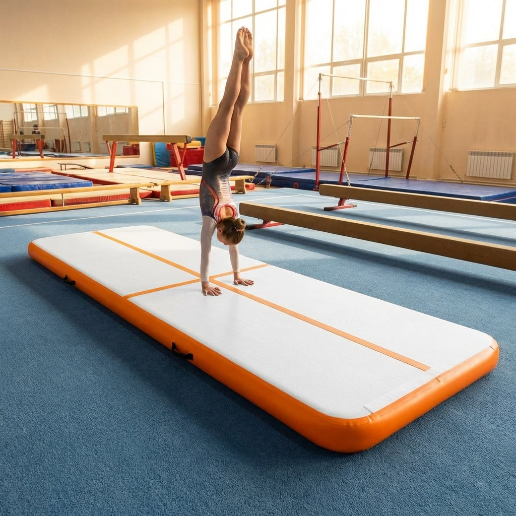 Inflatable gymnastics mat available in various sizes, made from durable PVC