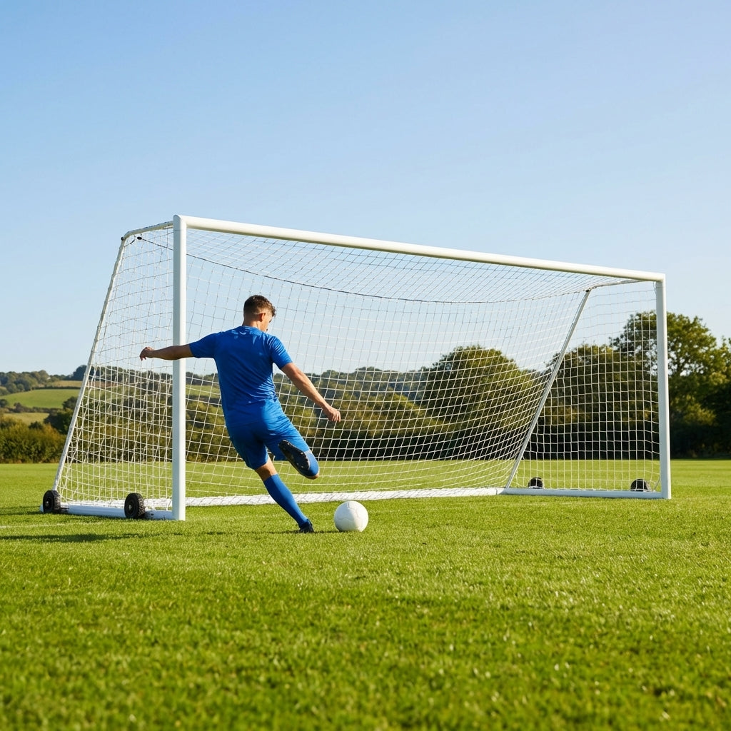 Freestanding stadium football goal with aluminium frame and box net